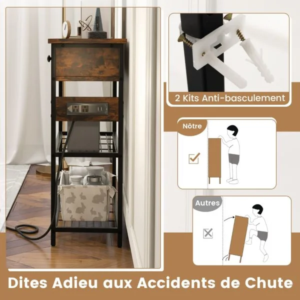 Table d'Entrée avec Station de Chargement Console Étroite avec 2 Tiroirs & 2 Étagères en Treillis Métallique Bois Rustique