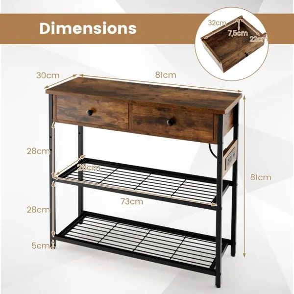 Table d'Entrée avec Station de Chargement Console Étroite avec 2 Tiroirs & 2 Étagères en Treillis Métallique Bois Rustique