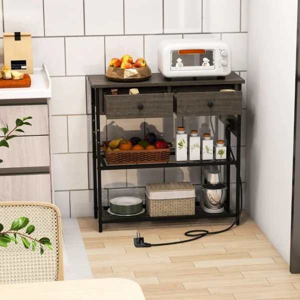 Table d'Entrée avec Station de Chargement Console Étroite avec 2 Tiroirs & 2 Étagères en Treillis Métallique Bois Rustique/Gris
