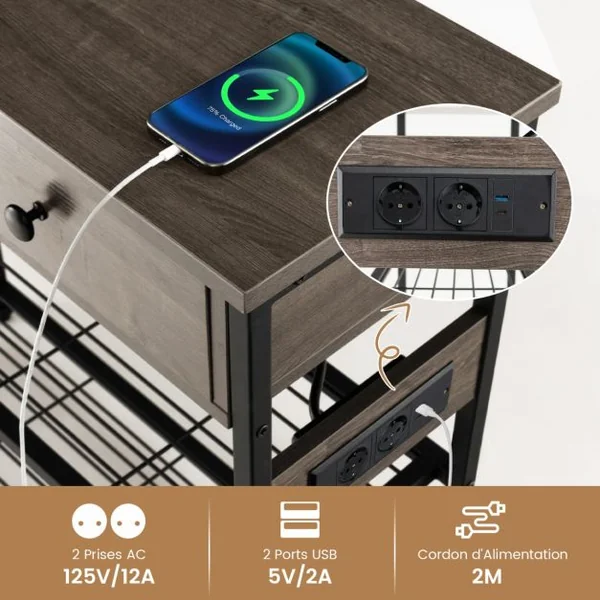 Table d'Entrée avec Station de Chargement Console Étroite avec 2 Tiroirs & 2 Étagères en Treillis Métallique Bois Rustique/Gris