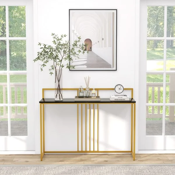 Table d'Entrée de 120 Cm de Long Table Console avec Plateau en Faux Marbre et Cadre en Métal Dorépour Le Salon Le Couloir L’entrée Noir/Blanc