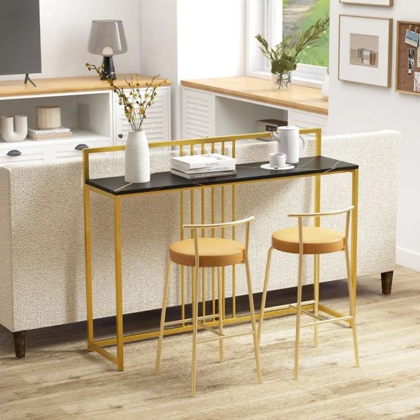 Table d'Entrée de 120 Cm de Long Table Console avec Plateau en Faux Marbre et Cadre en Métal Dorépour Le Salon Le Couloir L’entrée Noir/Blanc