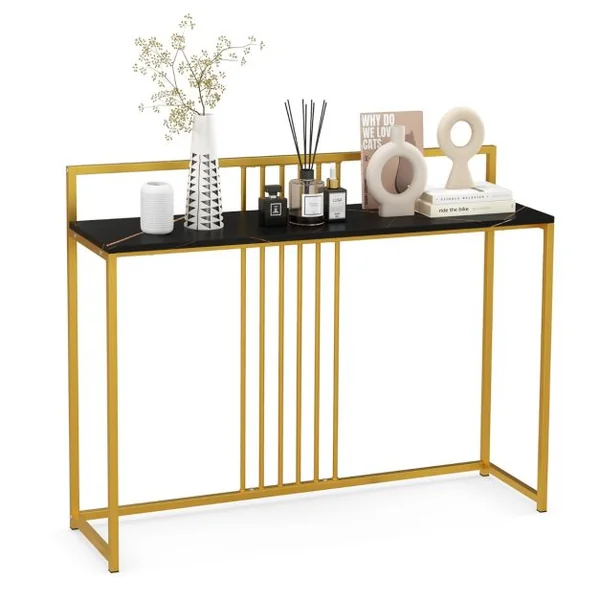 Table d'Entrée de 120 Cm de Long Table Console avec Plateau en Faux Marbre et Cadre en Métal Dorépour Le Salon Le Couloir L’entrée Noir/Blanc