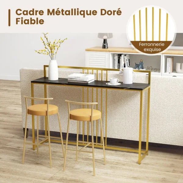 Table d'Entrée de 120 Cm de Long Table Console avec Plateau en Faux Marbre et Cadre en Métal Dorépour Le Salon Le Couloir L’entrée Noir/Blanc