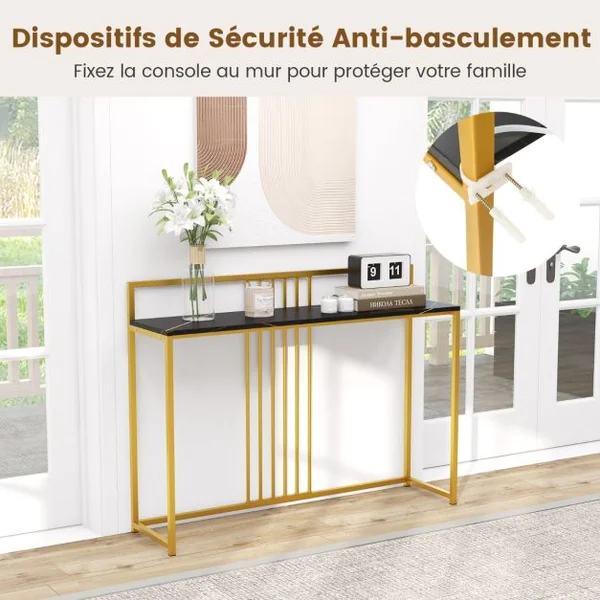 Table d'Entrée de 120 Cm de Long Table Console avec Plateau en Faux Marbre et Cadre en Métal Dorépour Le Salon Le Couloir L’entrée Noir/Blanc