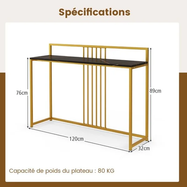 Table d'Entrée de 120 Cm de Long Table Console avec Plateau en Faux Marbre et Cadre en Métal Dorépour Le Salon Le Couloir L’entrée Noir/Blanc