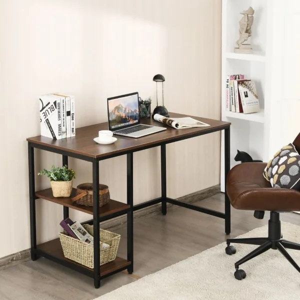 Table d'Ordinateur Industriel avec 2 Etagères de Rangement Ajustable Cadre Métallique 120 x 60 x 75 CM pour Bureau Salon