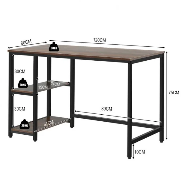 Table d'Ordinateur Industriel avec 2 Etagères de Rangement Ajustable Cadre Métallique 120 x 60 x 75 CM pour Bureau Salon