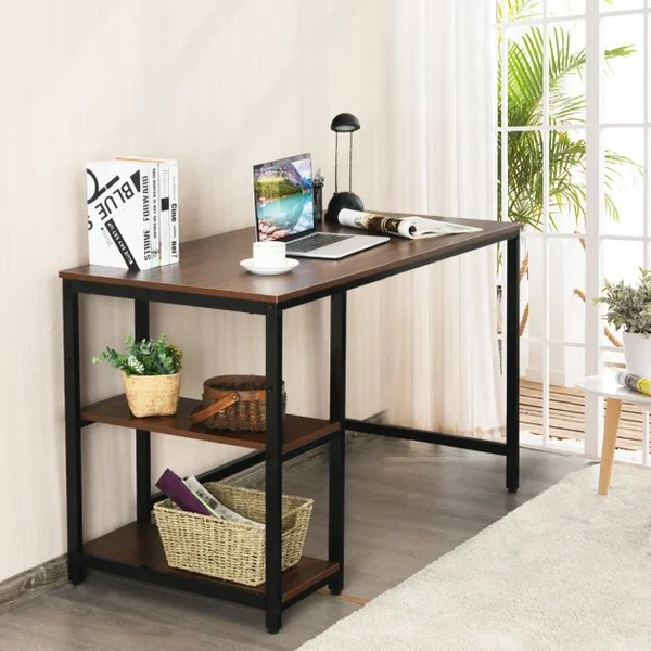 Table d'Ordinateur Industriel avec 2 Etagères de Rangement Ajustable Cadre Métallique 120 x 60 x 75 CM pour Bureau Salon