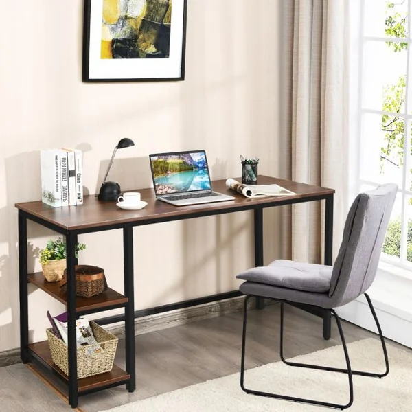 Table d'Ordinateur Industriel avec 2 Etagères de Rangement Ajustable Cadre Métallique 141 x 61 x 75 CM pour Bureau Salon Brun