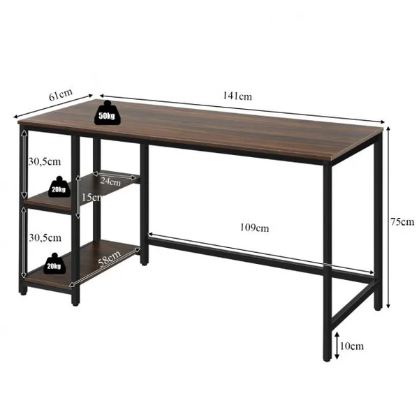 Table d'Ordinateur Industriel avec 2 Etagères de Rangement Ajustable Cadre Métallique 141 x 61 x 75 CM pour Bureau Salon Brun