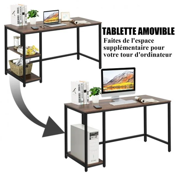 Table d'Ordinateur Industriel avec 2 Etagères de Rangement Ajustable Cadre Métallique 141 x 61 x 75 CM pour Bureau Salon Brun