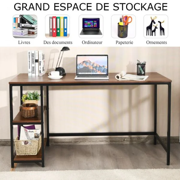 Table d'Ordinateur Industriel avec 2 Etagères de Rangement Ajustable Cadre Métallique 141 x 61 x 75 CM pour Bureau Salon Brun
