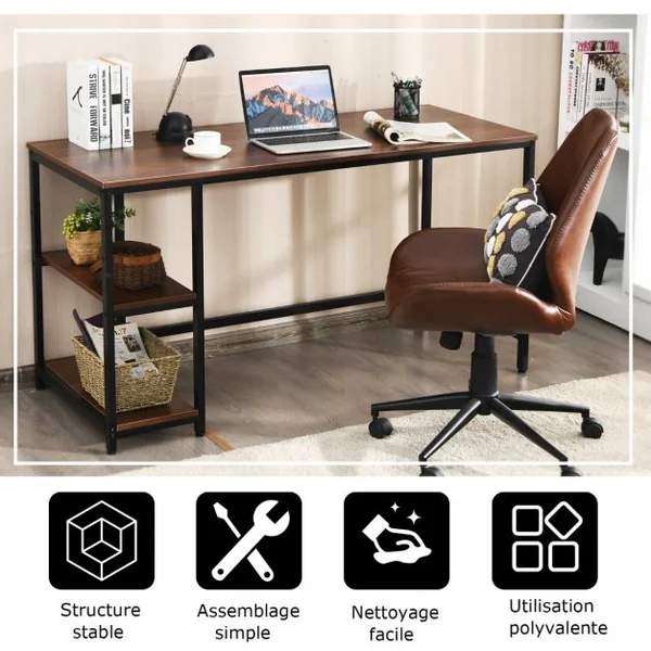 Table d'Ordinateur Industriel avec 2 Etagères de Rangement Ajustable Cadre Métallique 141 x 61 x 75 CM pour Bureau Salon Brun