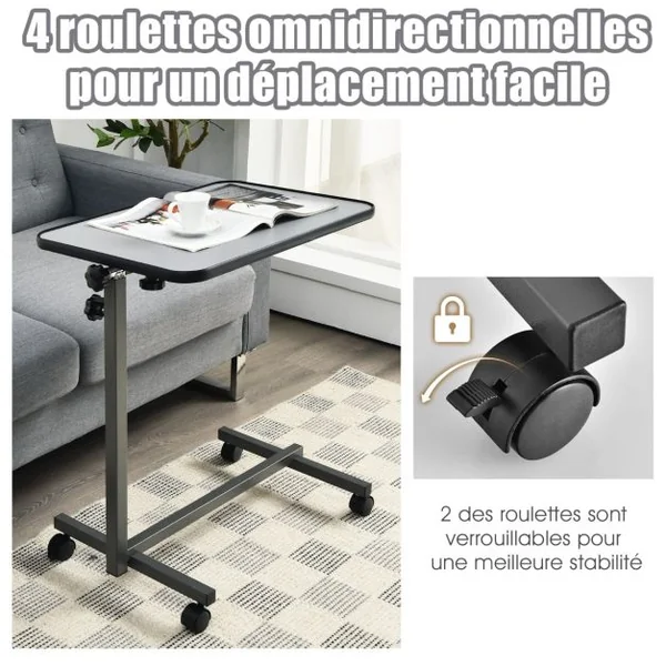 Table d’Ordinateur à Roulettes Table de Lit Portable en MDF+Fer Hauteur Réglable 69-113 cm avec 4 roulettes Gris