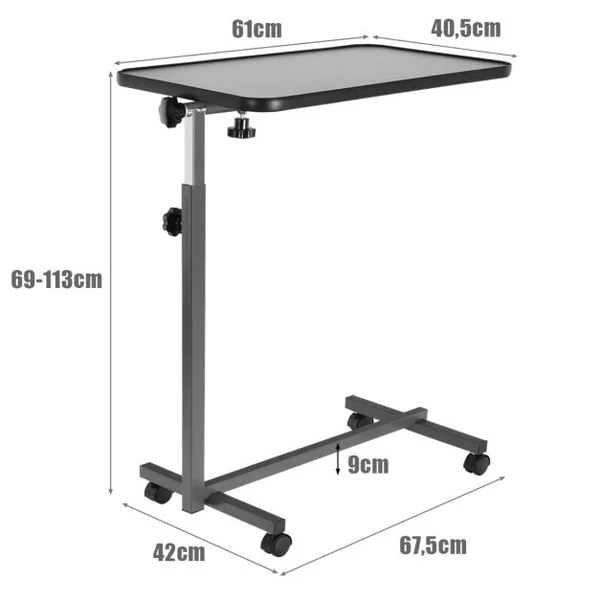 Table d’Ordinateur à Roulettes Table de Lit Portable en MDF+Fer Hauteur Réglable 69-113 cm avec 4 roulettes Gris