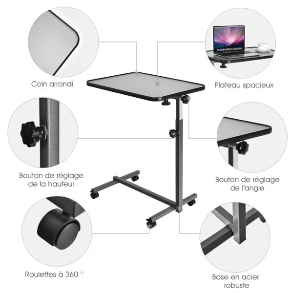Table d’Ordinateur à Roulettes Table de Lit Portable en MDF+Fer Hauteur Réglable 69-113 cm avec 4 roulettes Gris