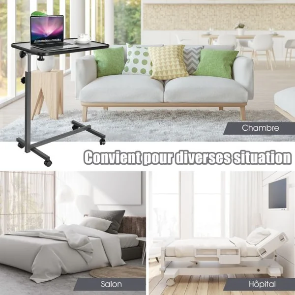 Table d’Ordinateur à Roulettes Table de Lit Portable en MDF+Fer Hauteur Réglable 69-113 cm avec 4 roulettes Gris
