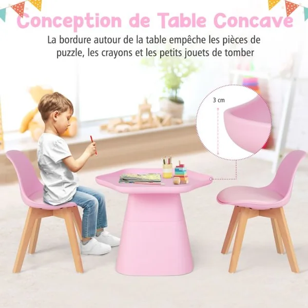 Table Enfant et 2 Chaises en Forme Fleur avec Pieds en Bois de Hêtre Massif et Coussin d'Assise en Cuir Artificiel de 2 cm Charge 50kg Rose