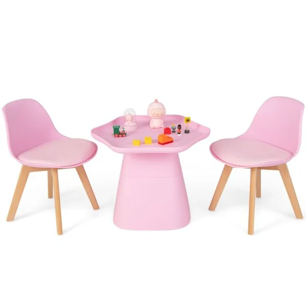 Table Enfant et 2 Chaises en Forme Fleur avec Pieds en Bois de Hêtre Massif et Coussin d'Assise en Cuir Artificiel de 2 cm Charge 50kg Rose