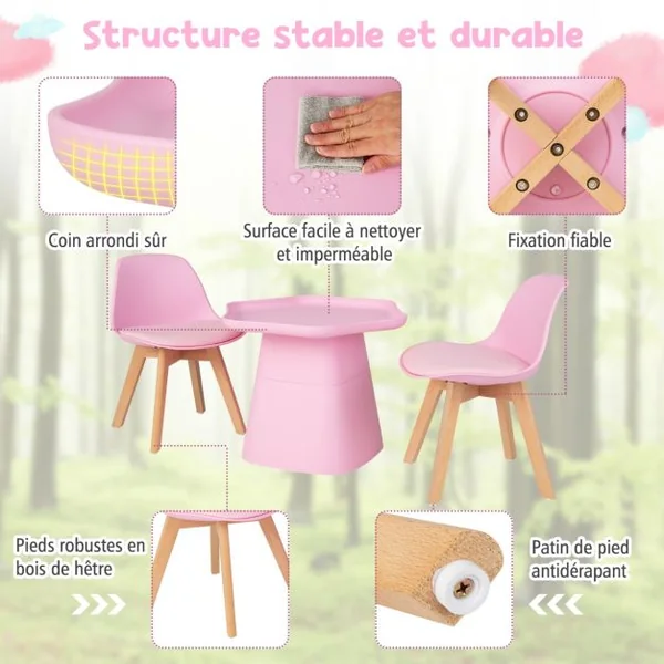 Table Enfant et 2 Chaises en Forme Fleur avec Pieds en Bois de Hêtre Massif et Coussin d'Assise en Cuir Artificiel de 2 cm Charge 50kg Rose