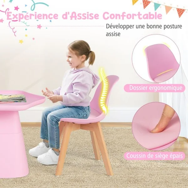Table Enfant et 2 Chaises en Forme Fleur avec Pieds en Bois de Hêtre Massif et Coussin d'Assise en Cuir Artificiel de 2 cm Charge 50kg Rose