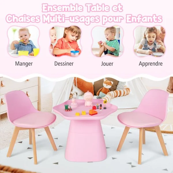 Table Enfant et 2 Chaises en Forme Fleur avec Pieds en Bois de Hêtre Massif et Coussin d'Assise en Cuir Artificiel de 2 cm Charge 50kg Rose