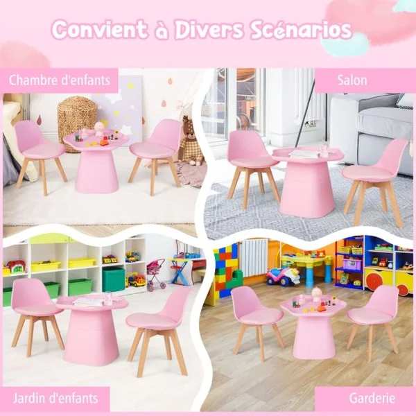 Table Enfant et 2 Chaises en Forme Fleur avec Pieds en Bois de Hêtre Massif et Coussin d'Assise en Cuir Artificiel de 2 cm Charge 50kg Rose