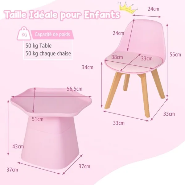 Table Enfant et 2 Chaises en Forme Fleur avec Pieds en Bois de Hêtre Massif et Coussin d'Assise en Cuir Artificiel de 2 cm Charge 50kg Rose