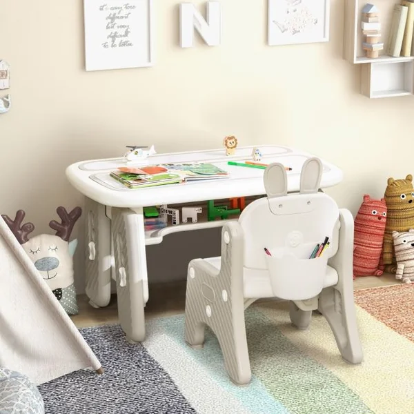 Table Enfants avec Chaise en Forme Lapin & 3 Hauteurs Réglable Table à Dessin Magnétique avec 12 Stylos & 26 Lettres Charge 68kg pour 1-12 Ans