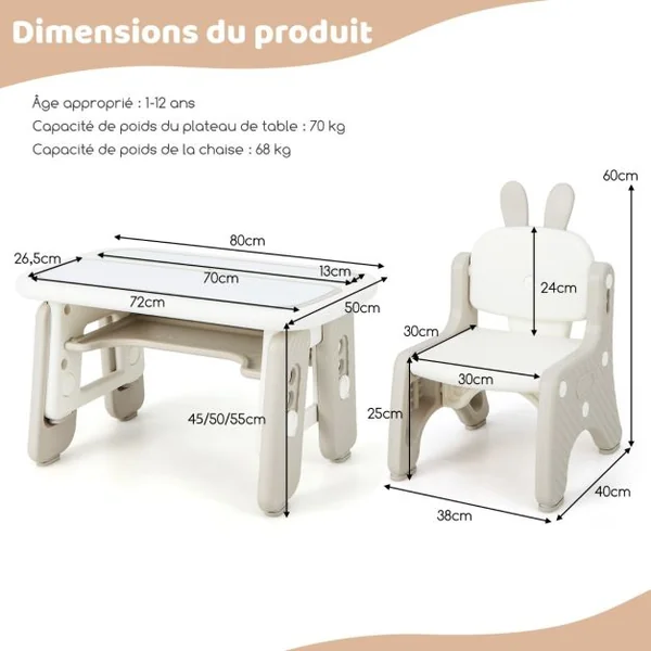 Table Enfants avec Chaise en Forme Lapin & 3 Hauteurs Réglable Table à Dessin Magnétique avec 12 Stylos & 26 Lettres Charge 68kg pour 1-12 Ans