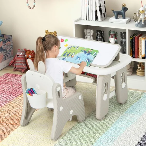 Table Enfants avec Chaise en Forme Lapin & 3 Hauteurs Réglable Table à Dessin Magnétique avec 12 Stylos & 26 Lettres Charge 68kg pour 1-12 Ans