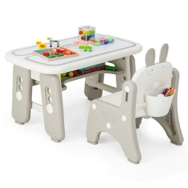 Table Enfants avec Chaise en Forme Lapin & 3 Hauteurs Réglable Table à Dessin Magnétique avec 12 Stylos & 26 Lettres Charge 68kg pour 1-12 Ans