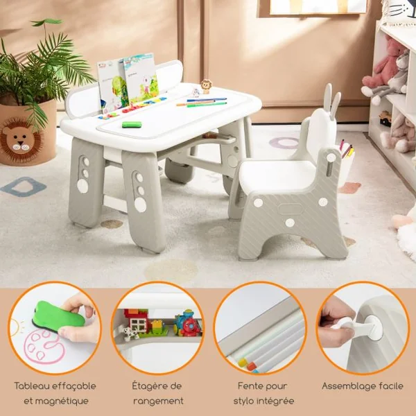 Table Enfants avec Chaise en Forme Lapin & 3 Hauteurs Réglable Table à Dessin Magnétique avec 12 Stylos & 26 Lettres Charge 68kg pour 1-12 Ans