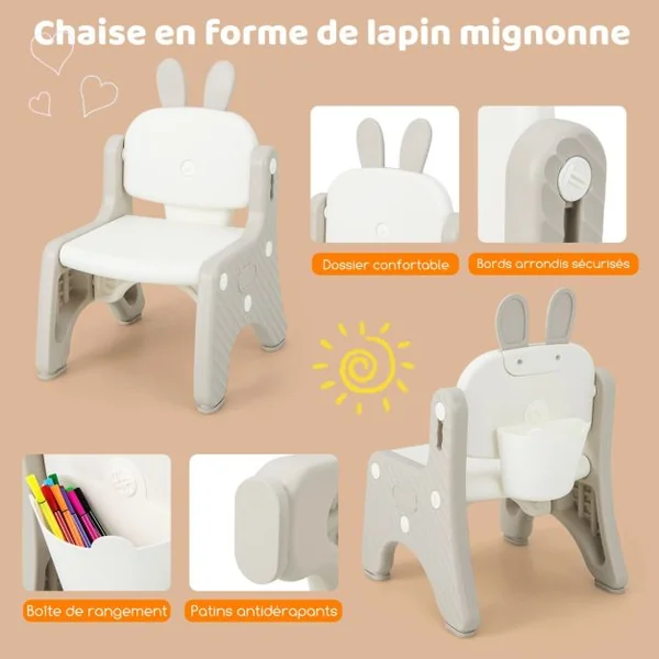 Table Enfants avec Chaise en Forme Lapin & 3 Hauteurs Réglable Table à Dessin Magnétique avec 12 Stylos & 26 Lettres Charge 68kg pour 1-12 Ans
