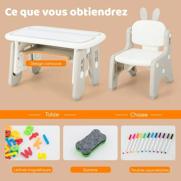 Table Enfants avec Chaise en Forme Lapin & 3 Hauteurs Réglable Table à Dessin Magnétique avec 12 Stylos & 26 Lettres Charge 68kg pour 1-12 Ans