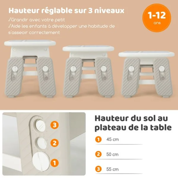 Table Enfants avec Chaise en Forme Lapin & 3 Hauteurs Réglable Table à Dessin Magnétique avec 12 Stylos & 26 Lettres Charge 68kg pour 1-12 Ans