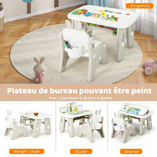 Table Enfants avec Chaise en Forme Lapin & 3 Hauteurs Réglable Table à Dessin Magnétique avec 12 Stylos & 26 Lettres Charge 68kg pour 1-12 Ans