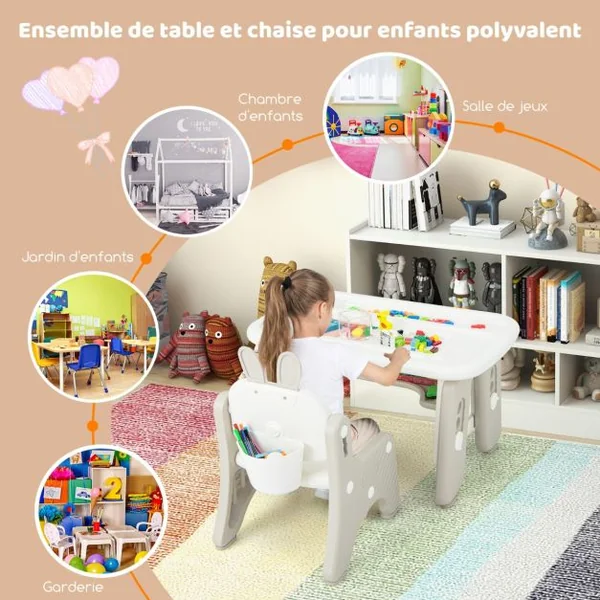 Table Enfants avec Chaise en Forme Lapin & 3 Hauteurs Réglable Table à Dessin Magnétique avec 12 Stylos & 26 Lettres Charge 68kg pour 1-12 Ans