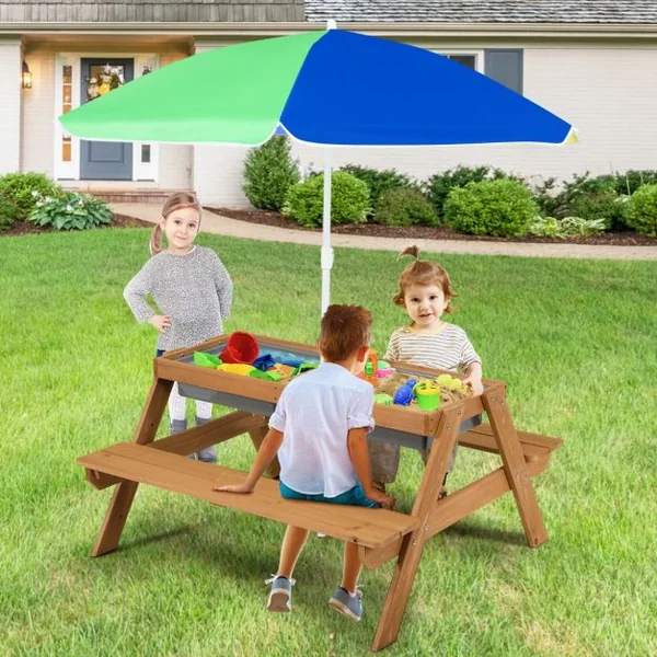 Table et 2 Bancs 3 en 1 pour 4 Enfants de Jardin avec Parasol 2 Boîtes pour Sable & Eau Plateau Amovible 3 -7 Ans Marron