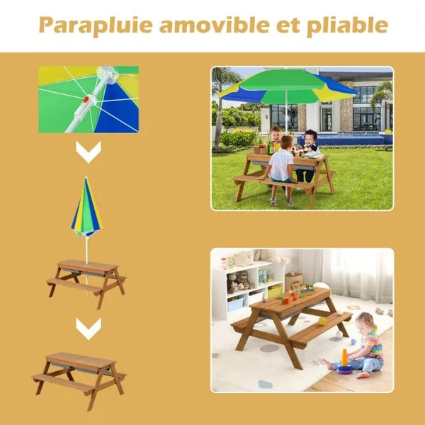 Table et 2 Bancs 3 en 1 pour 4 Enfants de Jardin avec Parasol 2 Boîtes pour Sable & Eau Plateau Amovible 3 -7 Ans Marron