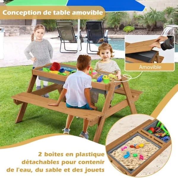 Table et 2 Bancs 3 en 1 pour 4 Enfants de Jardin avec Parasol 2 Boîtes pour Sable & Eau Plateau Amovible 3 -7 Ans Marron