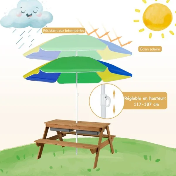 Table et 2 Bancs 3 en 1 pour 4 Enfants de Jardin avec Parasol 2 Boîtes pour Sable & Eau Plateau Amovible 3 -7 Ans Marron