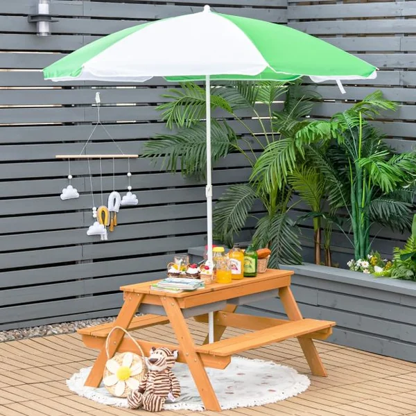 Table et 2 Bancs 3 en 1 pour 4 Enfants de Jardin avec Parasol 2 Boîtes pour Sable & Eau Plateau Amovible 3 -7 Ans Vert et Blanc