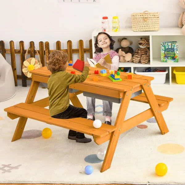 Table et 2 Bancs 3 en 1 pour 4 Enfants de Jardin avec Parasol 2 Boîtes pour Sable & Eau Plateau Amovible 3 -7 Ans Vert et Blanc