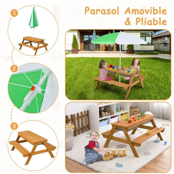 Table et 2 Bancs 3 en 1 pour 4 Enfants de Jardin avec Parasol 2 Boîtes pour Sable & Eau Plateau Amovible 3 -7 Ans Vert et Blanc