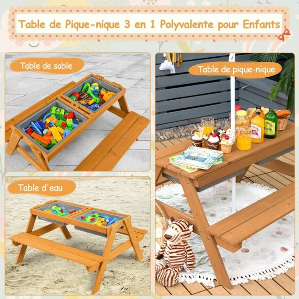 Table et 2 Bancs 3 en 1 pour 4 Enfants de Jardin avec Parasol 2 Boîtes pour Sable & Eau Plateau Amovible 3 -7 Ans Vert et Blanc