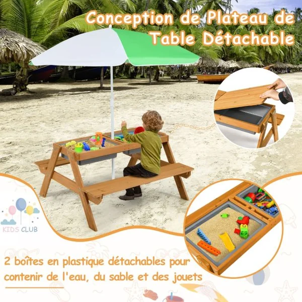 Table et 2 Bancs 3 en 1 pour 4 Enfants de Jardin avec Parasol 2 Boîtes pour Sable & Eau Plateau Amovible 3 -7 Ans Vert et Blanc