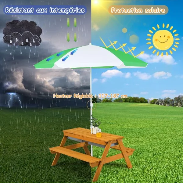 Table et 2 Bancs 3 en 1 pour 4 Enfants de Jardin avec Parasol 2 Boîtes pour Sable & Eau Plateau Amovible 3 -7 Ans Vert et Blanc