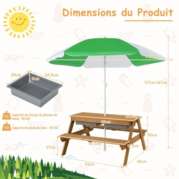 Table et 2 Bancs 3 en 1 pour 4 Enfants de Jardin avec Parasol 2 Boîtes pour Sable & Eau Plateau Amovible 3 -7 Ans Vert et Blanc
